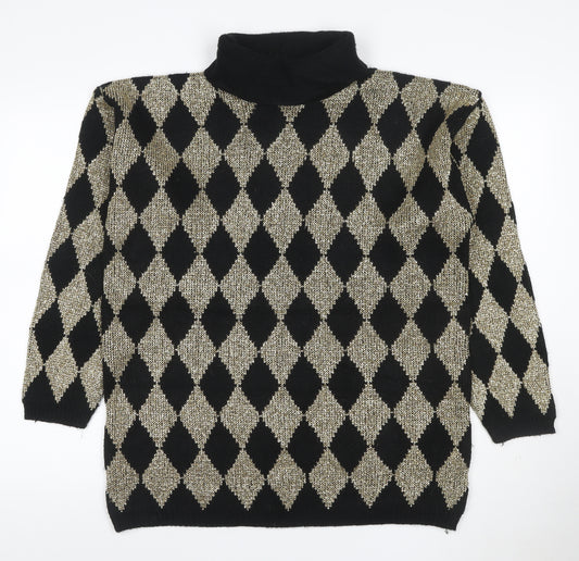 Silvercrest Women’s Black Gold Argyle Roll Neck Knit Jumper L