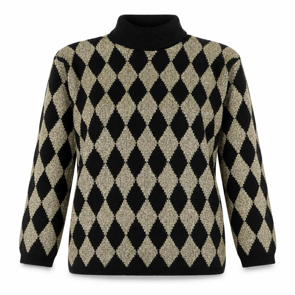 Front view of Silvercrest Women’s Black Gold Argyle Roll Neck Knit Jumper L