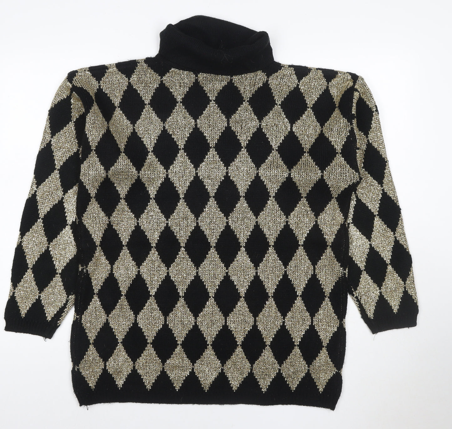 Silvercrest Women’s Black Gold Argyle Roll Neck Knit Jumper L