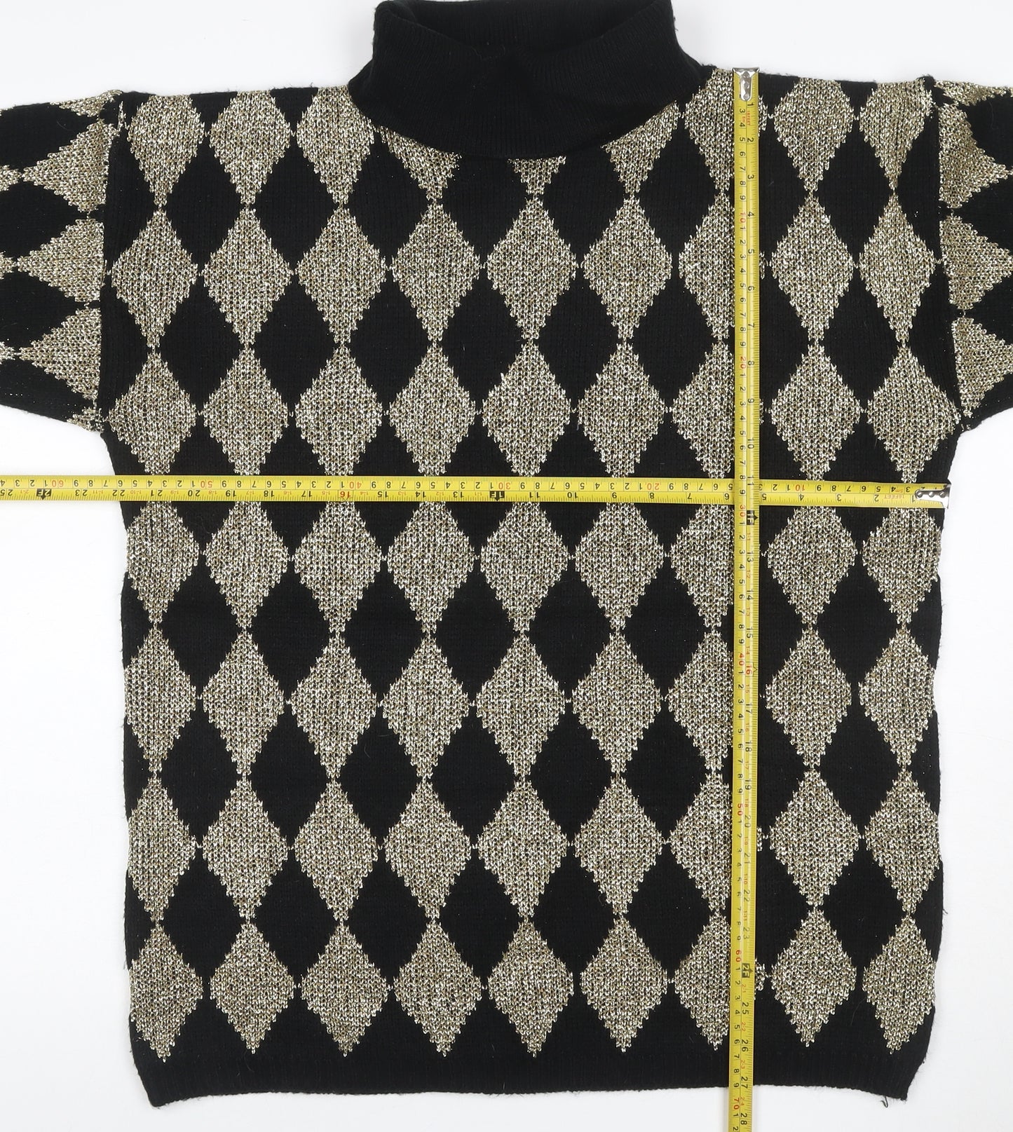 Silvercrest Women’s Black Gold Argyle Roll Neck Knit Jumper L