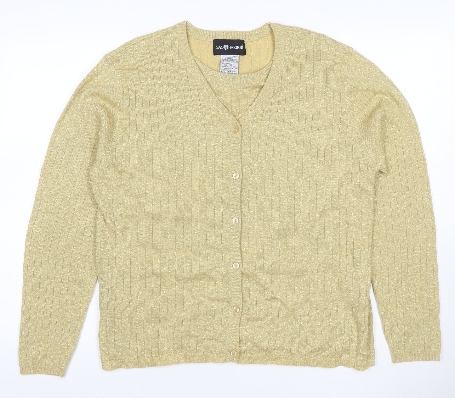 Sago Harbor Women Gold L Metallic Rib Knit V-Neck Cardigan