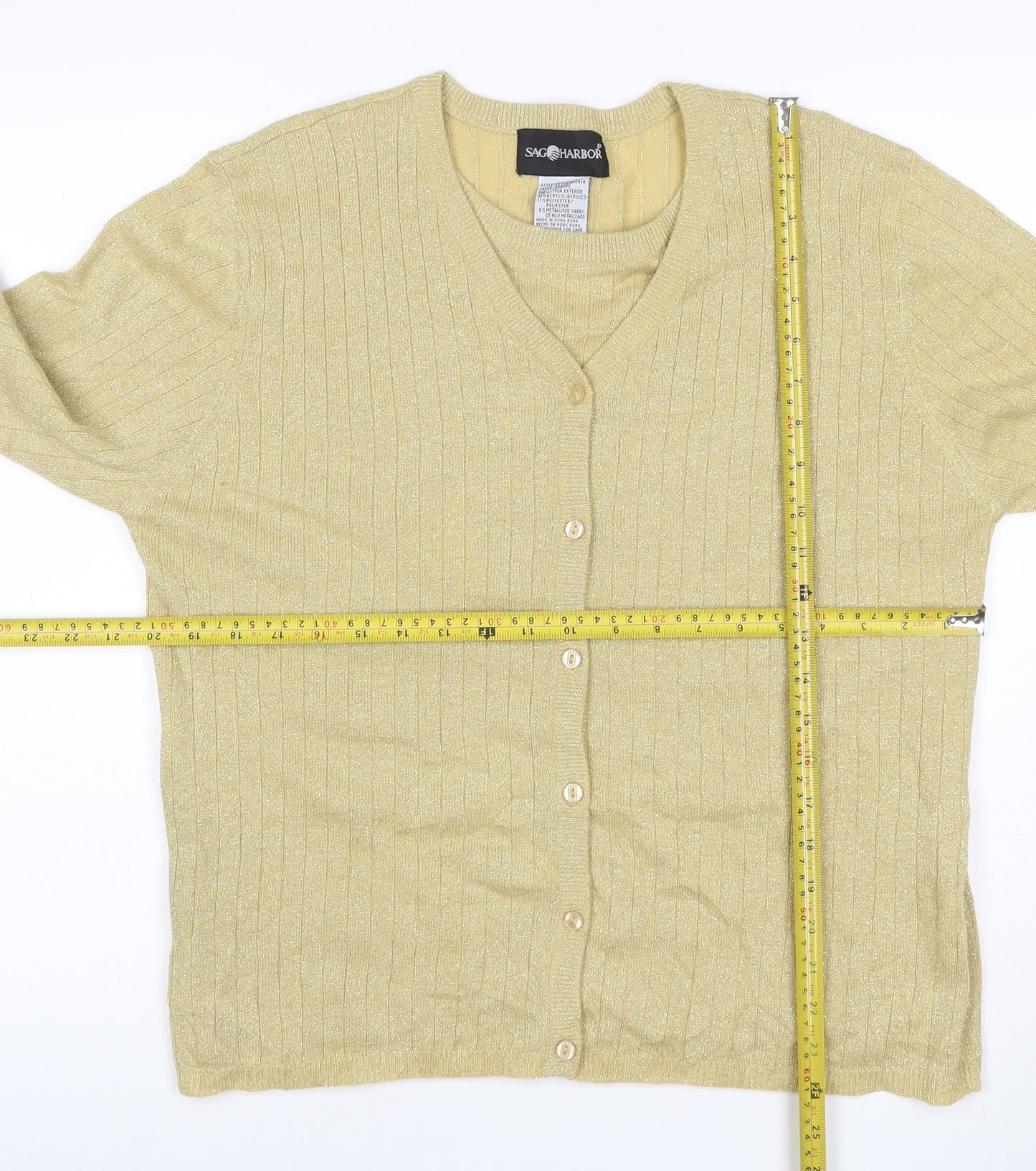 Sago Harbor Women Gold L Metallic Rib Knit V-Neck Cardigan