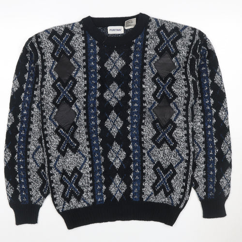 Puritan Men's M Black Blue Geometric Acrylic Vintage Crew Neck Pullover Jumper