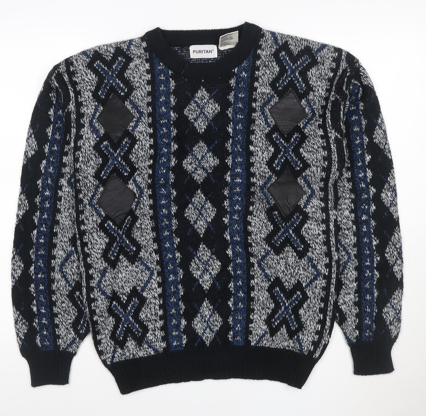 Puritan Men's M Black Blue Geometric Acrylic Vintage Crew Neck Pullover Jumper