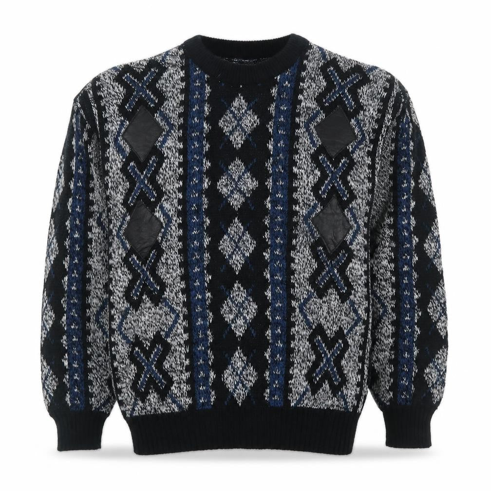 Puritan Men's M Black Blue Geometric Acrylic Vintage Crew Neck Pullover Jumper