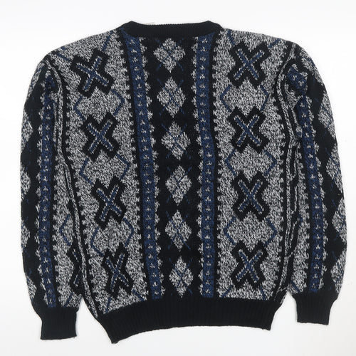 Puritan Men's M Black Blue Geometric Acrylic Vintage Crew Neck Pullover Jumper