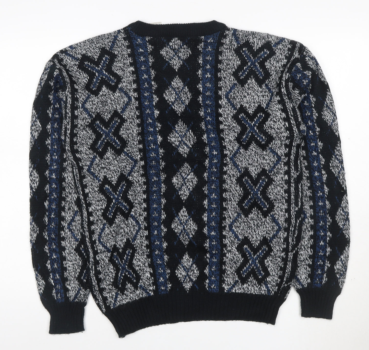 Puritan Men's M Black Blue Geometric Acrylic Vintage Crew Neck Pullover Jumper