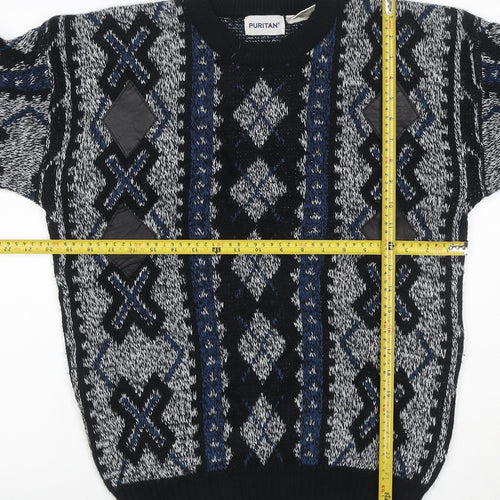 Puritan Men's M Black Blue Geometric Acrylic Vintage Crew Neck Pullover Jumper