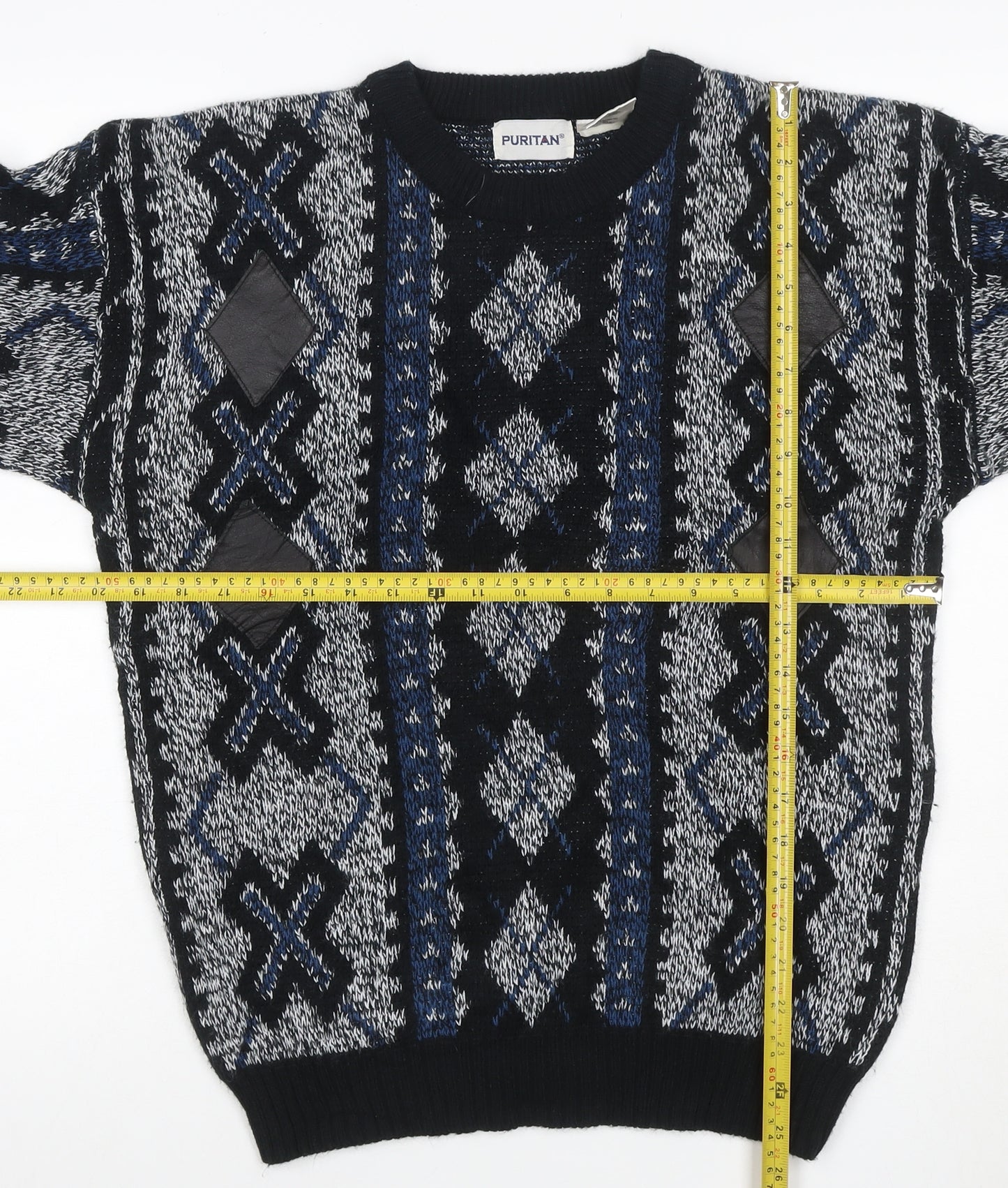 Puritan Men's M Black Blue Geometric Acrylic Vintage Crew Neck Pullover Jumper
