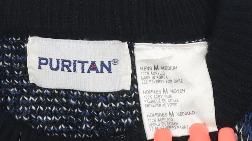 Puritan Men's M Black Blue Geometric Acrylic Vintage Crew Neck Pullover Jumper