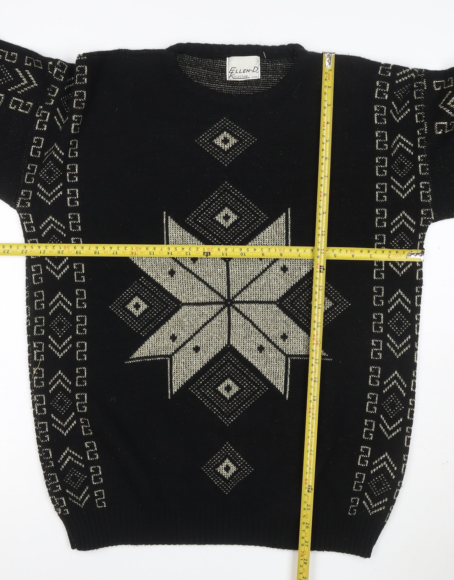 Ellen-D Women Black M Geometric Knit Pullover Jumper Vintage