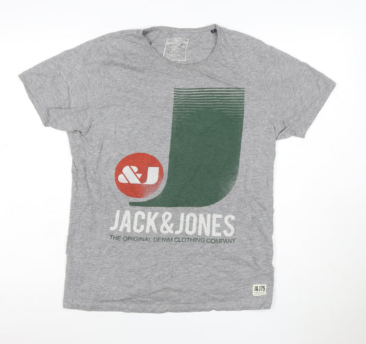 Jack & Jones Men Grey L Graphic Logo Crew Neck Short Sleeve T-Shirt