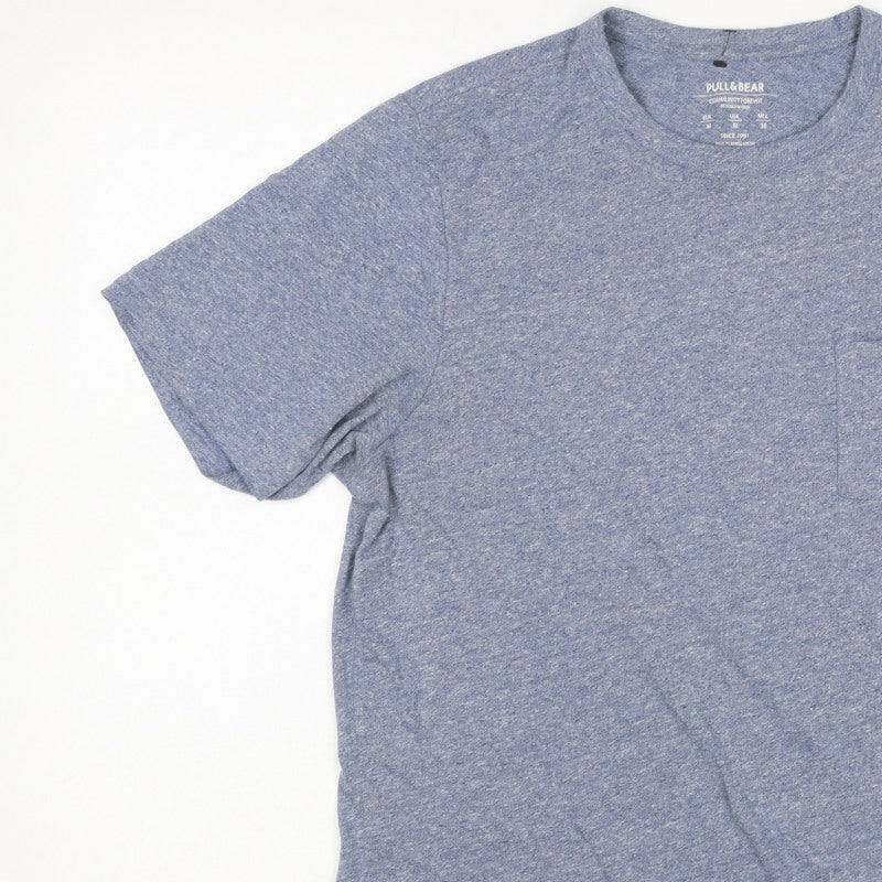 Pull&Bear Men's Blue Marl Pocket Crew Neck Short Sleeve T-Shirt M