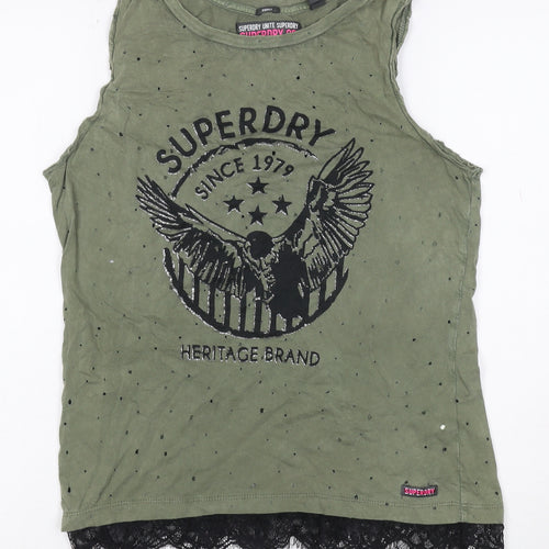 Superdry Women Green S Lace Hem Eagle Graphic Tank Top