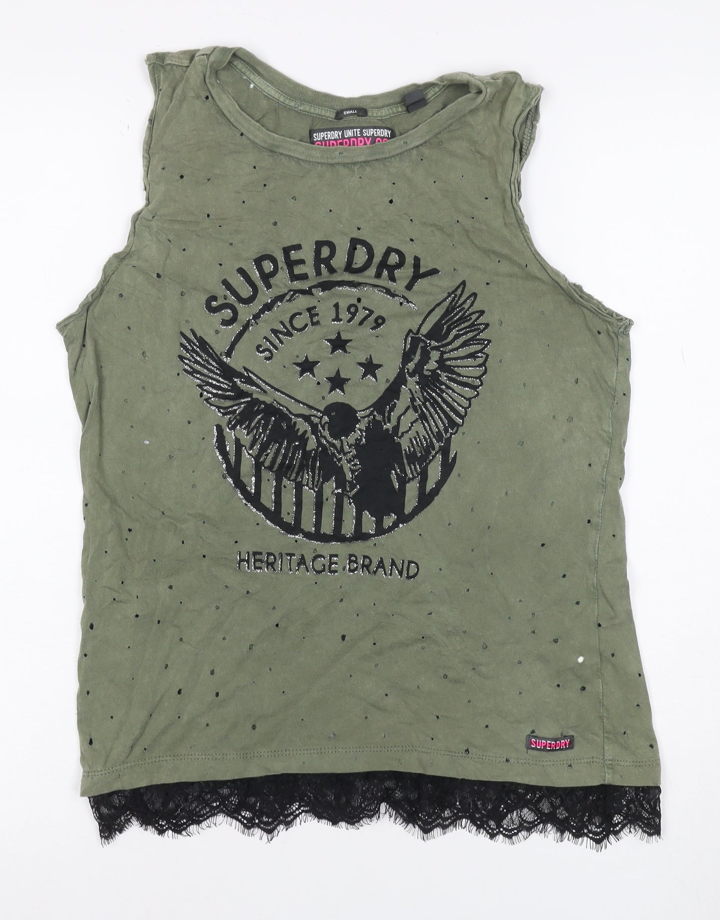 Superdry Women Green S Lace Hem Eagle Graphic Tank Top