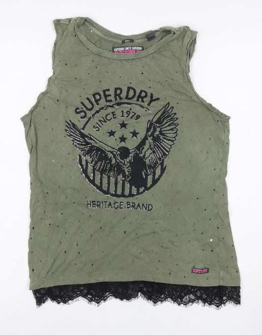 Superdry Women Green S Lace Hem Eagle Graphic Tank Top