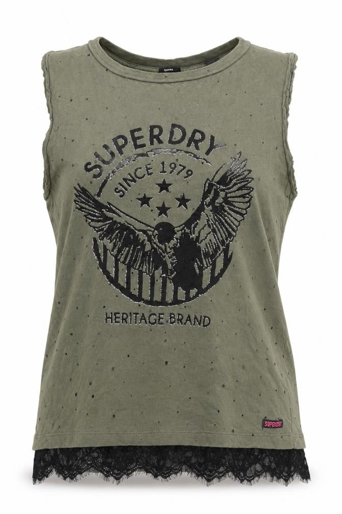 Front view of Superdry Women Green S Lace Hem Eagle Graphic Tank Top