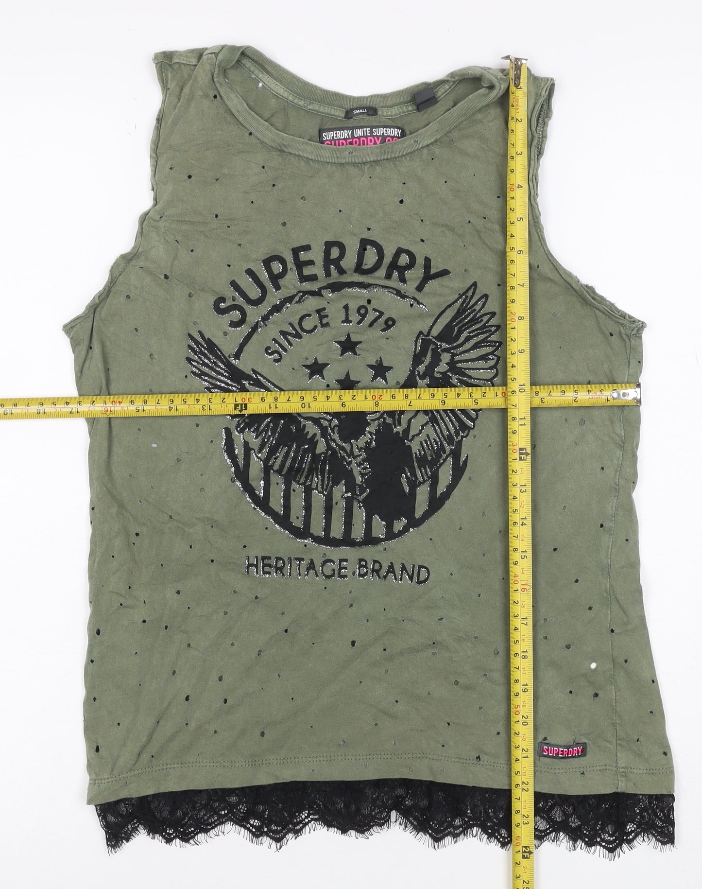 Superdry Women Green S Lace Hem Eagle Graphic Tank Top