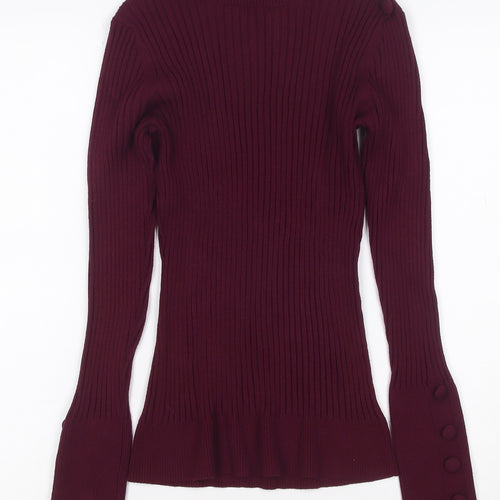 INC Women Red L Ribbed High Neck Button Sleeve Pullover Jumper