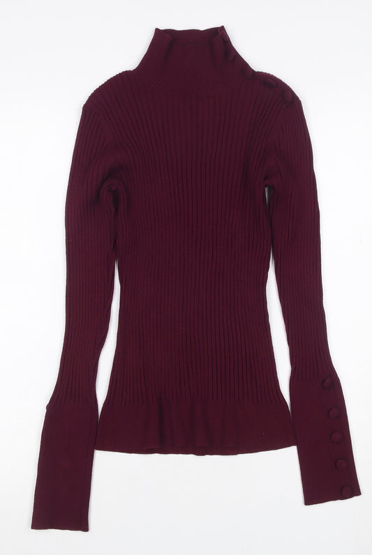 INC Women Red L Ribbed High Neck Button Sleeve Pullover Jumper