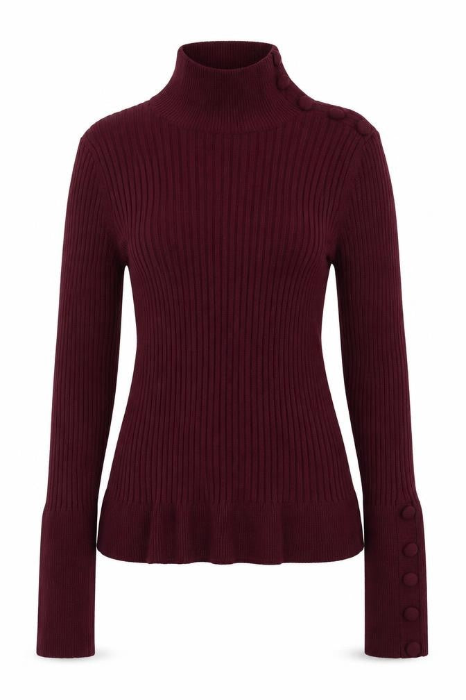 Front view of INC Women Red L Ribbed High Neck Button Sleeve jumper