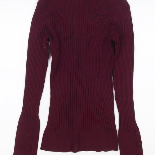 INC Women Red L Ribbed High Neck Button Sleeve Pullover Jumper