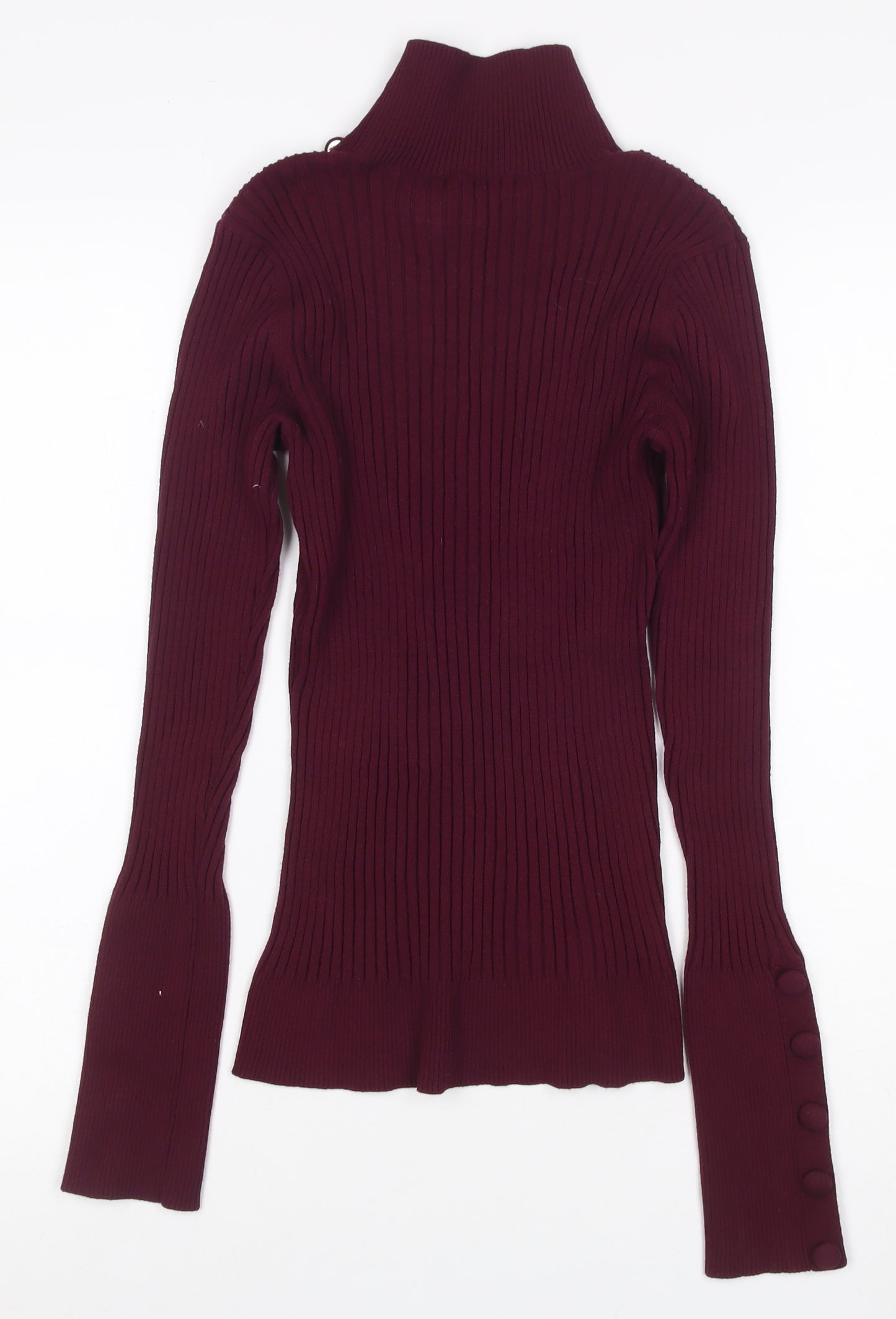 INC Women Red L Ribbed High Neck Button Sleeve Pullover Jumper
