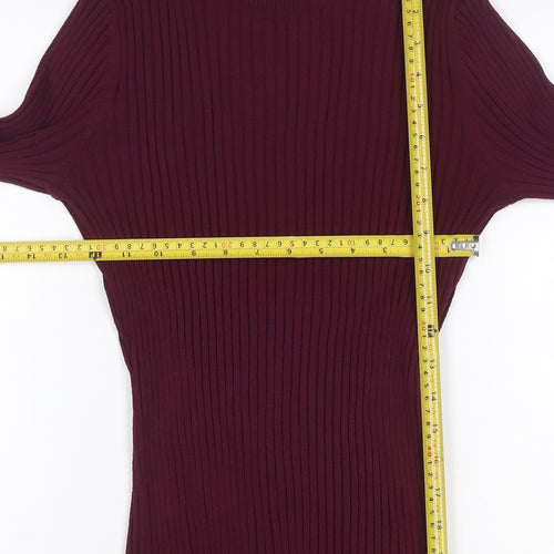 INC Women Red L Ribbed High Neck Button Sleeve Pullover Jumper