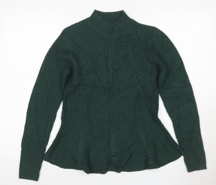 Therapy London Women Green S Cable-Knit Mock Neck Fitted Jumper