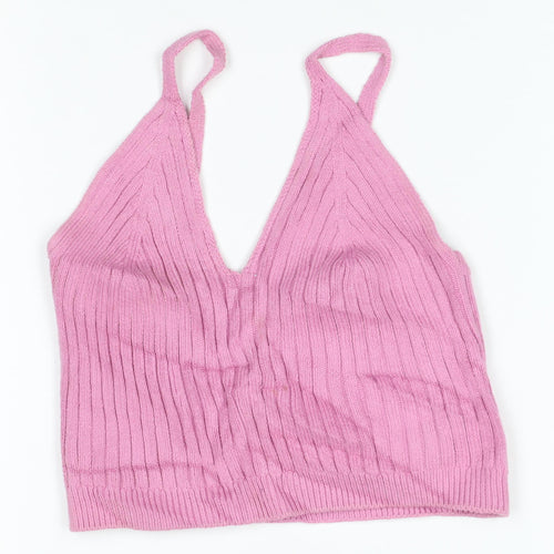Topshop Women Pink UK 8 Halterneck Rib Knit Camisole Crop Top