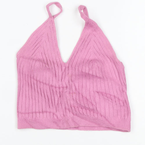 Topshop Women Pink UK 8 Halterneck Rib Knit Camisole Crop Top