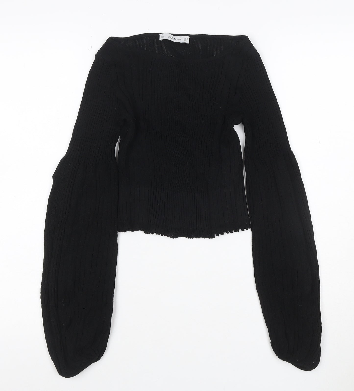 Zara Women Black S Rib Knit Balloon Sleeve Pullover Jumper
