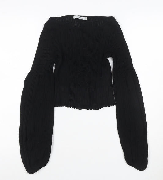 Zara Women Black S Rib Knit Balloon Sleeve Pullover Jumper