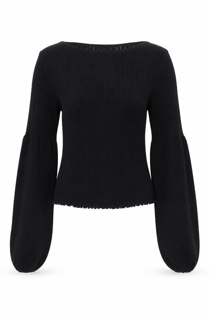 Front view of Zara Women Black S Rib Knit Balloon Sleeve jumper