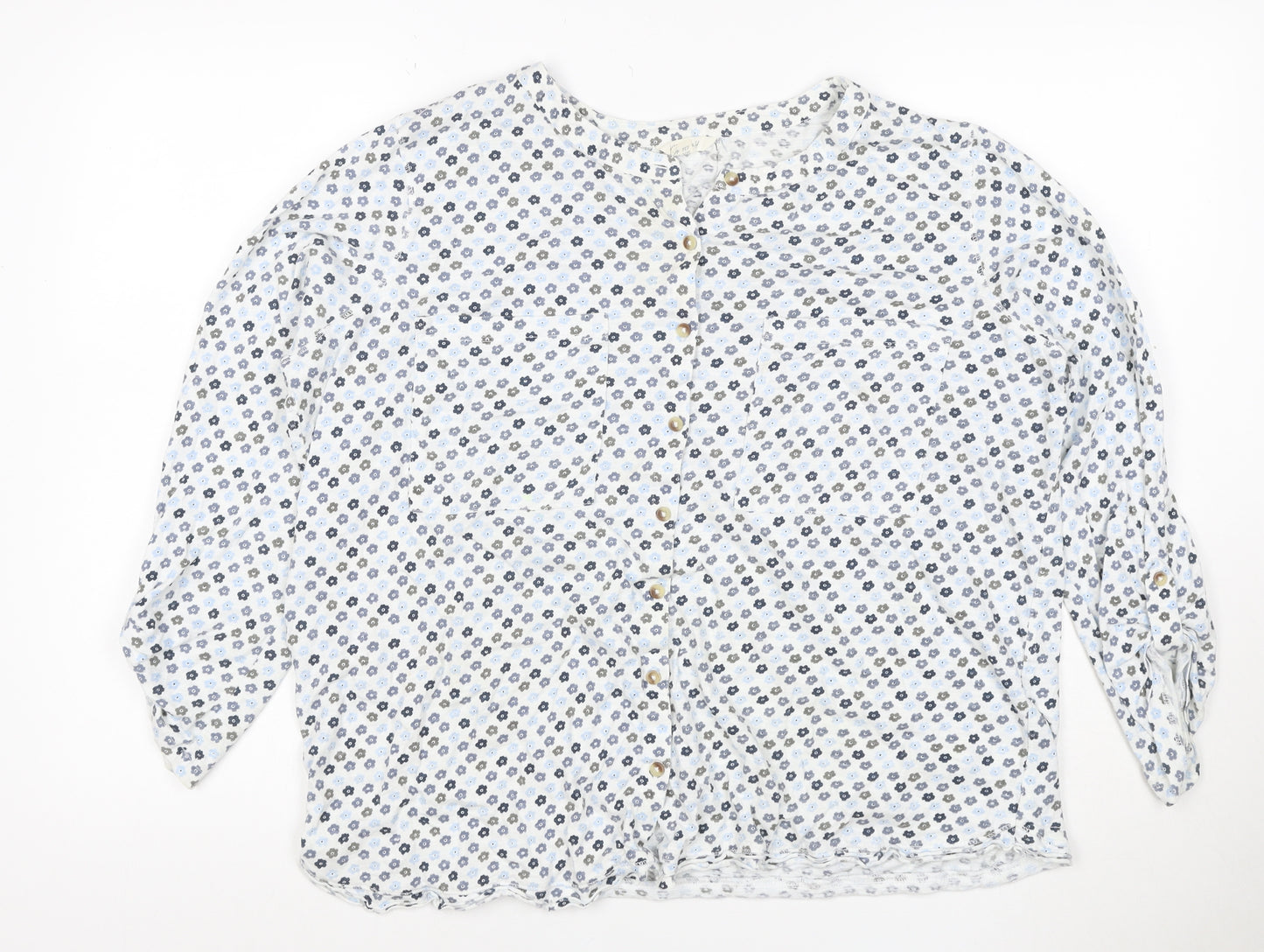 White Stuff Women White Floral Button-Up Blouse UK 16 3/4 Roll Tab Sleeves