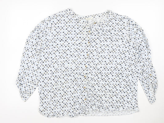White Stuff Women White Floral Button-Up Blouse UK 16 3/4 Roll Tab Sleeves