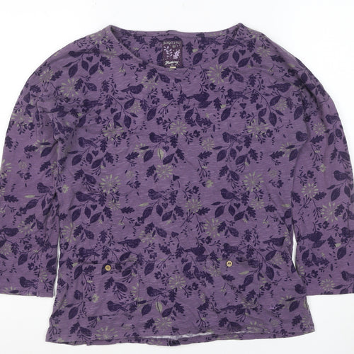 Mantaray Women Purple 12 Floral Bird Cotton Button-Up Long Sleeve Top
