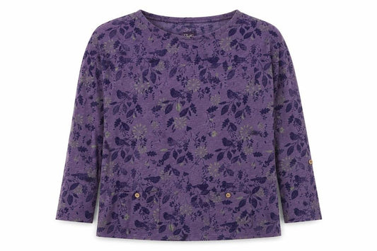 Front view of Mantaray Women Purple 12 Floral Bird Cotton Button-Up Long Sleeve Top