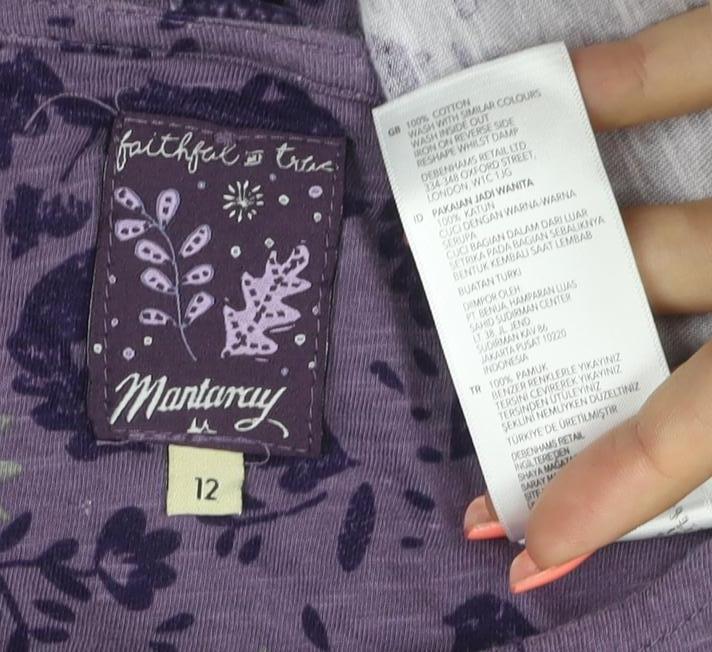 Mantaray Women Purple 12 Floral Bird Cotton Button-Up Long Sleeve Top