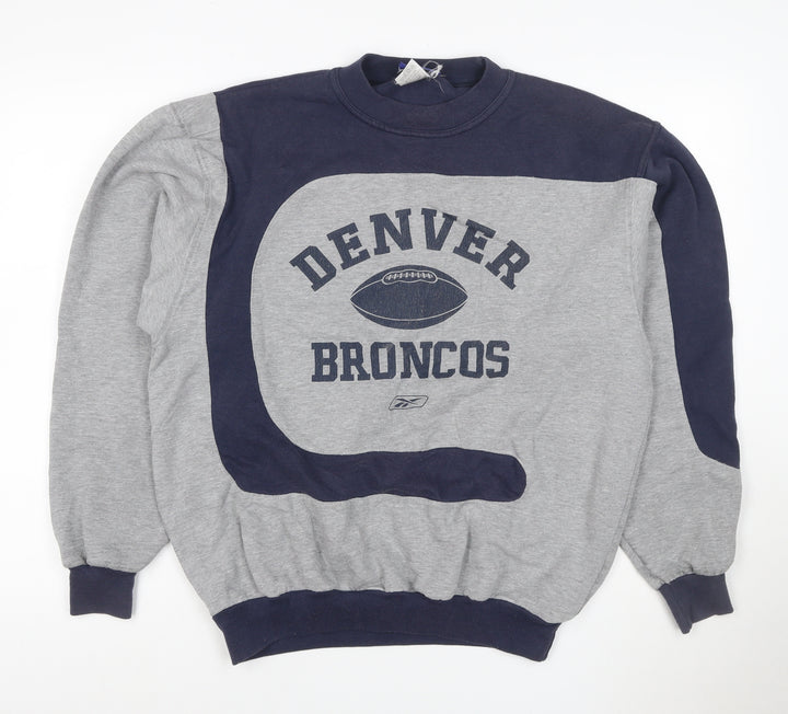 Reebok Men’s L Grey Navy Denver Broncos Graphic Pullover Sweatshirt