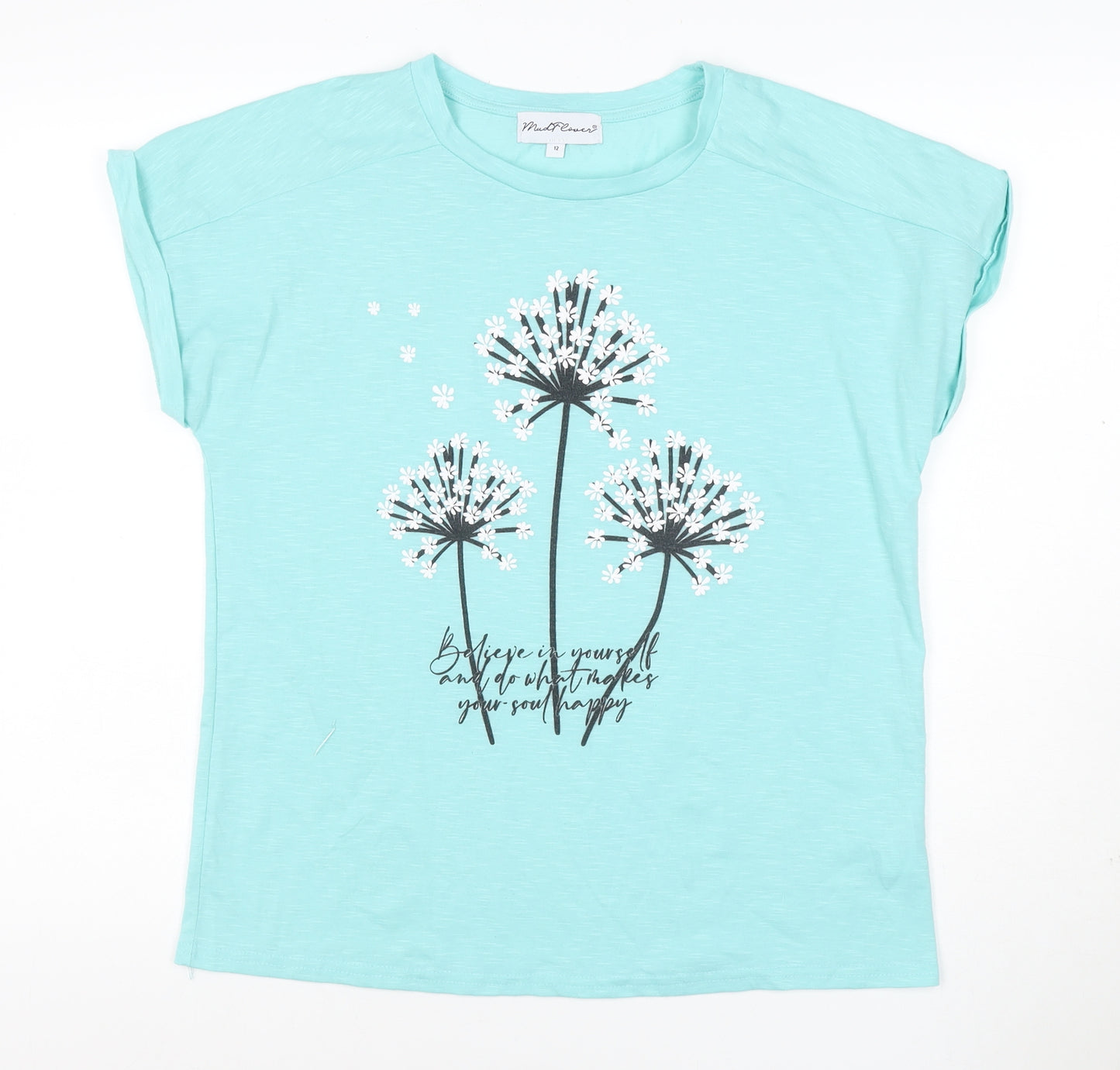 Mudflower Women Blue Size 12 Floral Quote Cap Sleeve T-Shirt