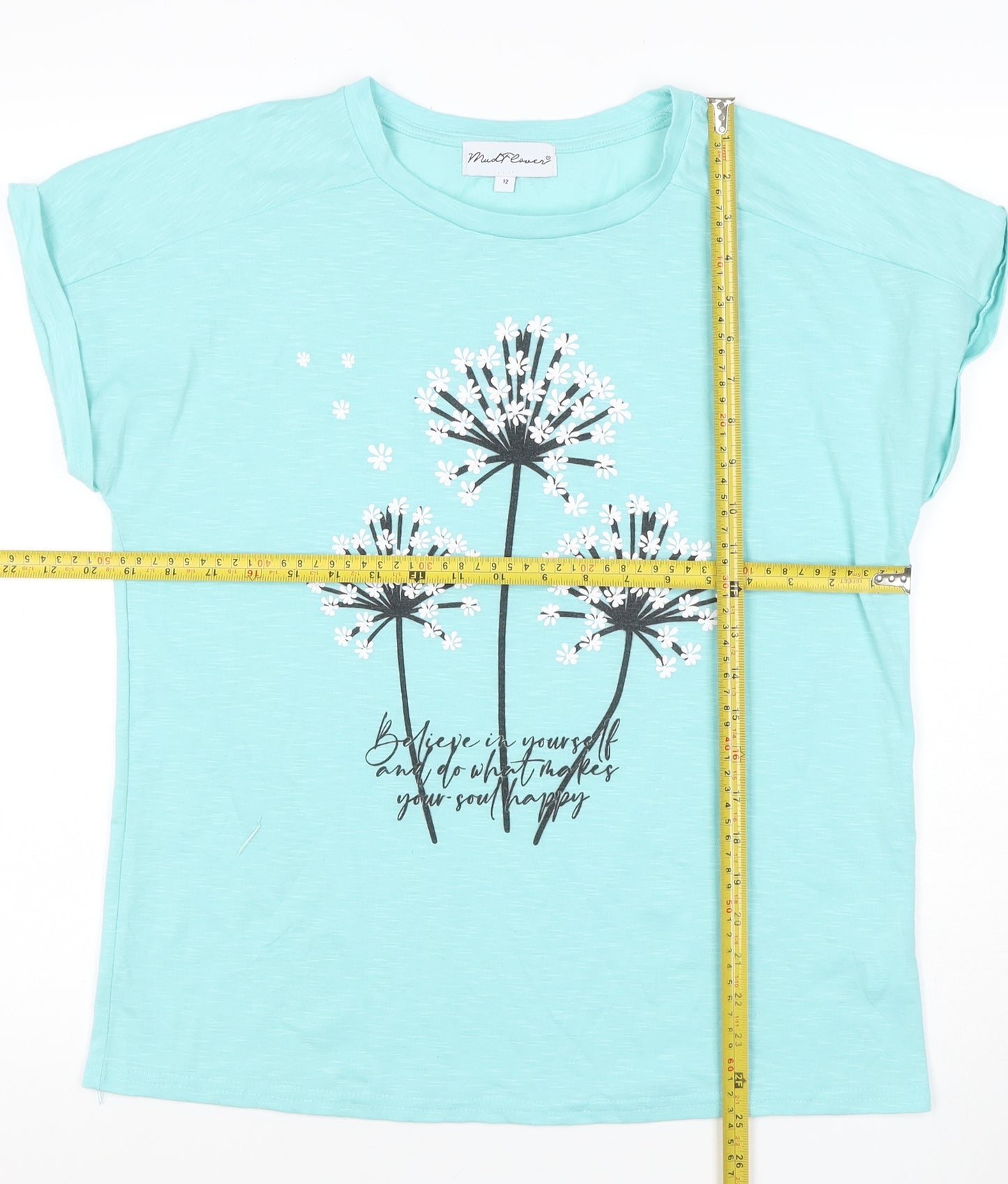 Mudflower Women Blue Size 12 Floral Quote Cap Sleeve T-Shirt