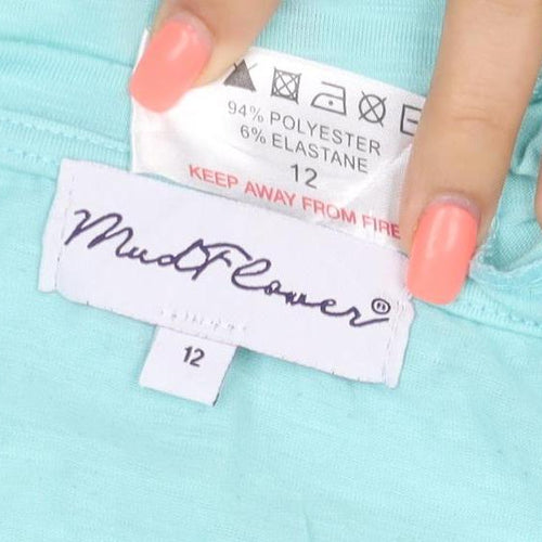 Mudflower Women Blue Size 12 Floral Quote Cap Sleeve T-Shirt
