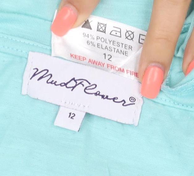 Mudflower Women Blue Size 12 Floral Quote Cap Sleeve T-Shirt