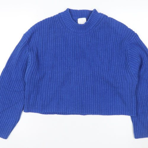H&M Women Blue Rib Knit Mock Neck Raglan Pullover Jumper UK 16