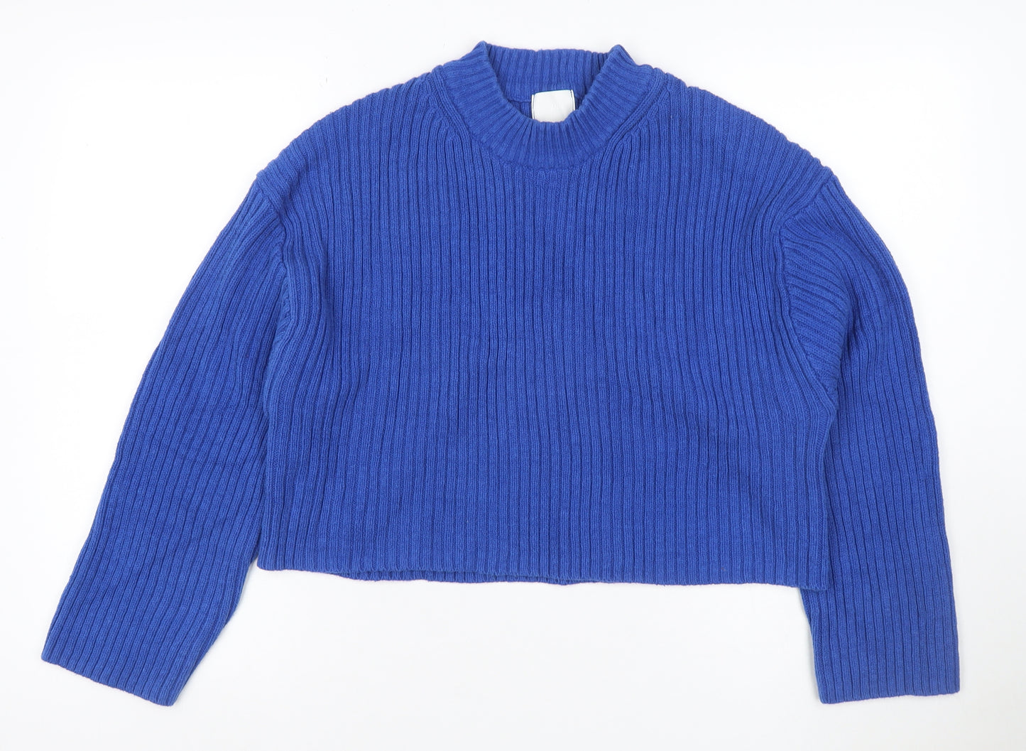 H&M Women Blue Rib Knit Mock Neck Raglan Pullover Jumper UK 16