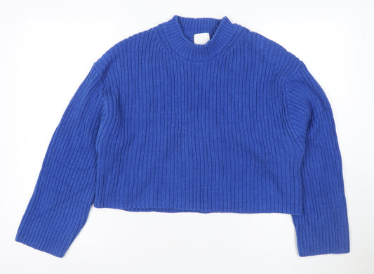H&M Women Blue Rib Knit Mock Neck Raglan Pullover Jumper UK 16