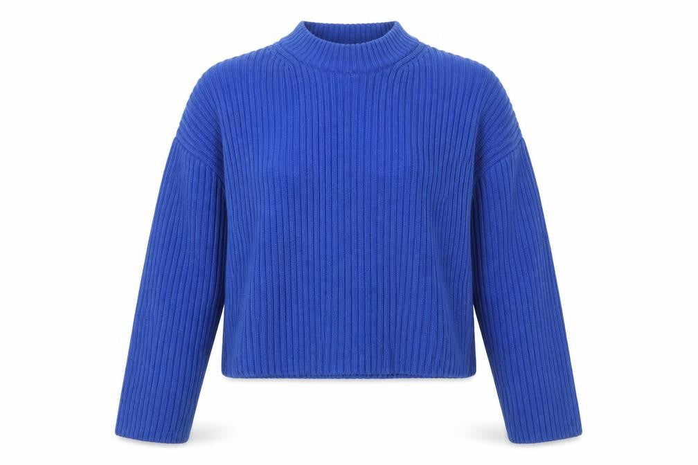 Front view of H&M Women Blue Rib Knit Mock Neck Raglan jumper UK 16