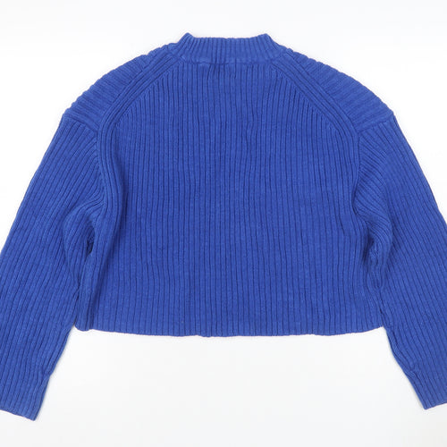 H&M Women Blue Rib Knit Mock Neck Raglan Pullover Jumper UK 16