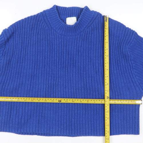 H&M Women Blue Rib Knit Mock Neck Raglan Pullover Jumper UK 16